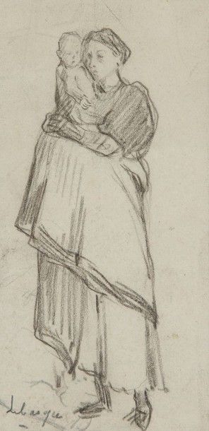 Henri LEBASQUE (1865-1937) 
Femme portant son enfant
Dessin au fusain.
Signé en bas...