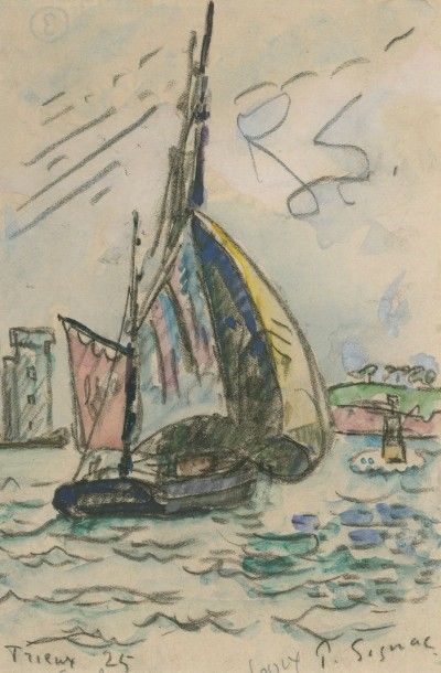 Paul SIGNAC (1863-1935) 
Bateau au Trieux, 1925
Dessin à l'aquarelle et au crayon.
Signé,...