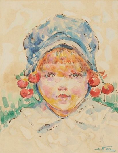 Edouard FER (1887-1959) 
Portrait de fillette
Aquarelle.
Signée en bas à droite.
15...