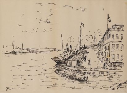 Maurice de Vlaminck (1876-1958) 
Bateaux à quai
Dessin à l'encre.
Signé en bas à...