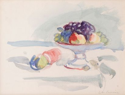 Charles CAMOIN (1879-1965) 
Coupe de fruits
Aquarelle sur traits de mine de plomb...