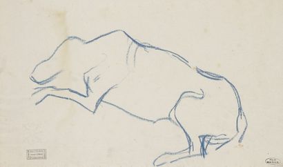 André DERAIN (1880-1954) 
Étude de chien allongé
Dessin à la craie grasse bleue recto-verso.
Cachet...