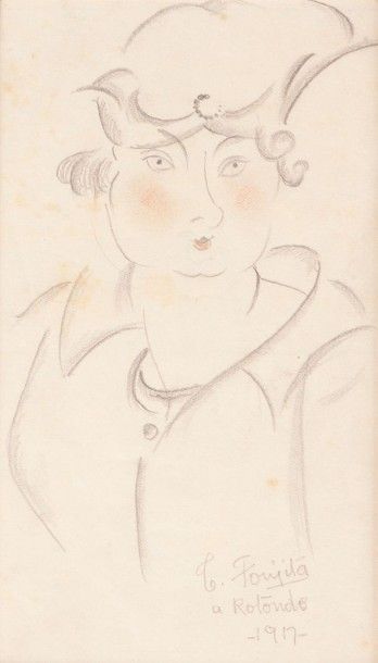 Léonard-Tsuguharu FOUJITA (1886-1968) 
Portrait de femme au chapeau (portrait présumé...