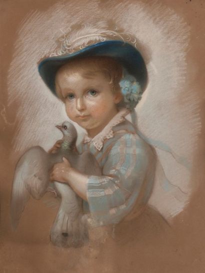 École Française du XIXe siècle Portrait d'un enfant portant un pigeon Pastel sur...
