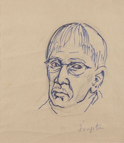 Léonard-Tsuguharu FOUJITA (1886-1968) 
Autoportrait
Dessin au feutre bleu et à la...