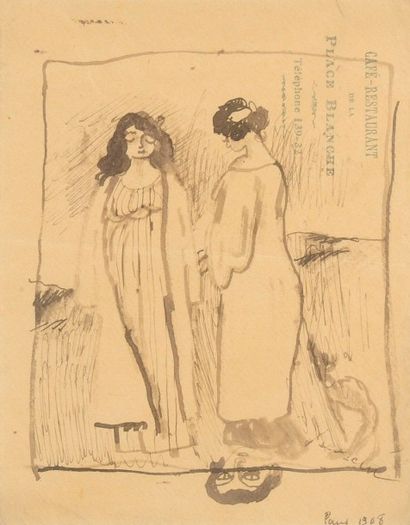 Julius Pincas dit Jules PASCIN (1885-1930) 
Deux femmes, 1908
Dessin à l'encre.
Cachet...