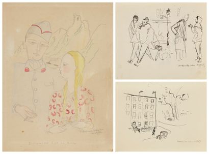 Maurice VAN MOPPES (1904-1957) 
Dimanche sur le Rhin
Dessin au crayon et à l'aquarelle.
Signé...