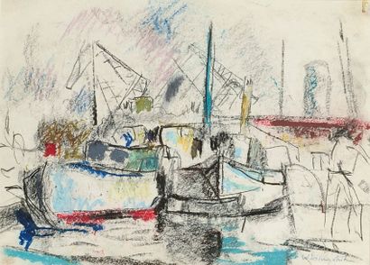 Willy EISENSCHITZ (1889-1974) 
Bateaux au port
Dessin aux crayons gras.
Signé en...