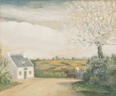 Jean FRÉLAUT (1879-1954) 
Ferme et carriole sur un chemin, 1935
Gouache sur vélin.
Signée...