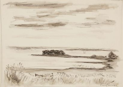 Jean FRÉLAUT (1879-1954) 
Île d'Arz
Dessin au fusain et au lavis d'encre de Chine...