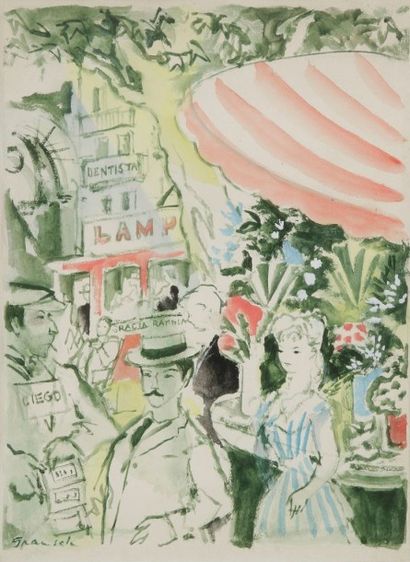 Emilio GRAU-SALA (1911-1975) 
Rue animée en Espagne
Aquarelle.
Signée en bas à gauche.
27...