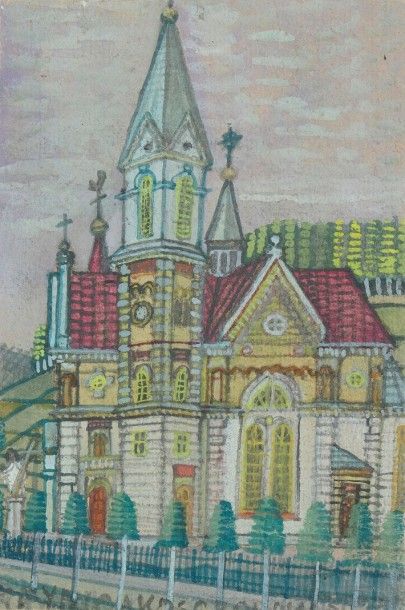 Krynicki NIKIFOR [polonais] (1895-1966) 
Église
Gouache.
Annotée en pied.
19 x 13...