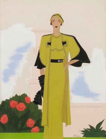 Léon BENIGNI (1892-1948) 
Élégante à l'ensemble vert, modèle «Panache» par Jenny
Gouache.
Signée...