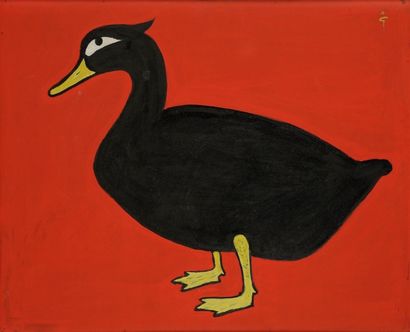 René GRUAU (1909-2004) 
Canard fond rouge, 1966
Gouache sur papier contrecollé sur...