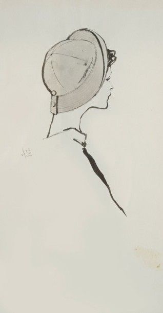 Hans-Albert FALK (1918-2002) 
Femme au chapeau
Dessin à l'encre de Chine.
Signé en...