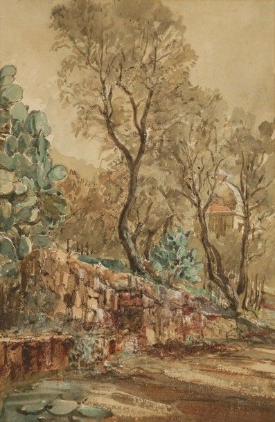 François-Victor SABATIER (1823-1891) 
Paysage aux cactus
Dessin à l'encre et à l'aquarelle.
Non...