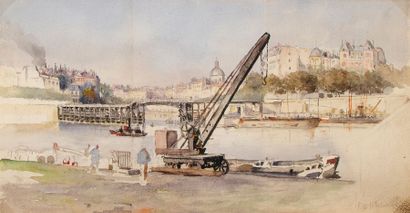 Gustave FRAIPONT (1849-1923) 
Paris, la Seine au quai Saint-Bernard
Aquarelle.
21,5...