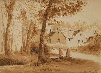 Jean-Baptiste MILLET (1831-1906) 
Habitations à l'orée du bois
Dessin à l'encre et...
