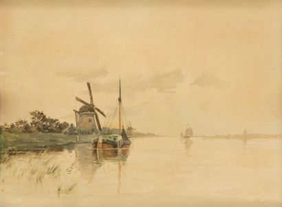 Henri CASSIERS (1848-1944) 
Hollande, bateaux et moulin
Aquarelle.
Signée en bas...