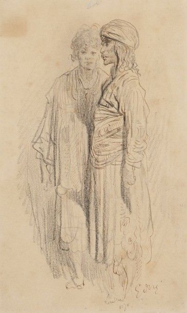 Gustave DORÉ (1832-1883) 
Deux hommes debout, 1870
Dessin à l'encre et au fusain.
Signé...