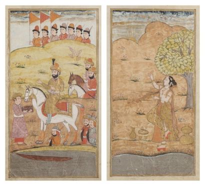 null Prince et sa cour à cheval et jeune femme sous un arbre, Cachemire et Rajasthan,...