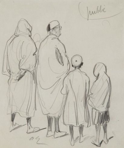André GALLAND (1886 - 1965) 
Tunisiens de dos
Dessin au fusain.
Monogrammé en bas...