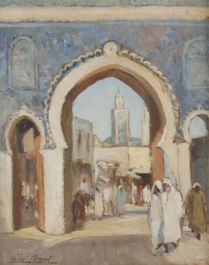 Thérèse CLEMENT (1889 - 1984) 
Maroc, la porte de Boujloud à Fez
Huile sur panneau.
Signée...
