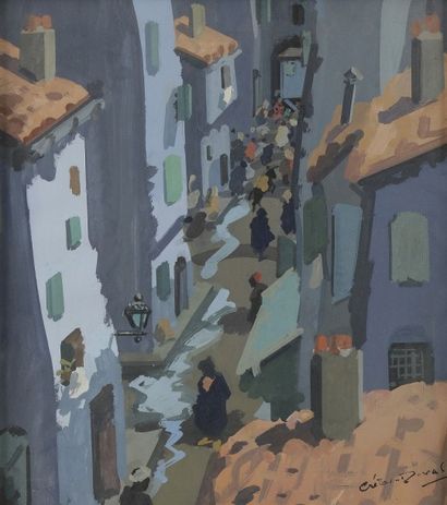 Raymond CRETOT - DUVAL (1895 - 1986) 
Rue au Maroc, vers 1955
Gouache.
Signée en...