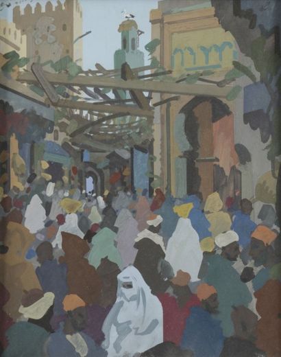 Raymond CRETOT - DUVAL (1895 - 1986) 
Souk au Maroc, vers 1955
Gouache.
Signée en...