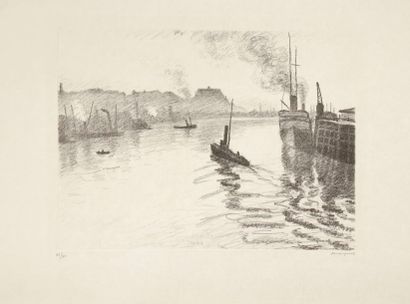 Albert Marquet (1875-1947) 
Le Port de Boulogne. Vers 1925. Lithographie. 380 x 275....