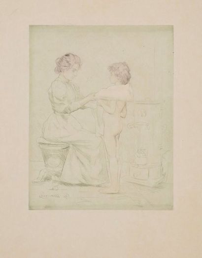 CHARLES MAURIN (1856-1914) 
Jeune femme et son enfant nu, debout près du poêle. Pointe...