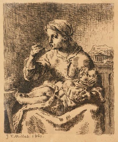 Jean-François MILLET (1814-1875) 
La Bouillie. 1861. Eau-forte. 158 x 188. Delteil...