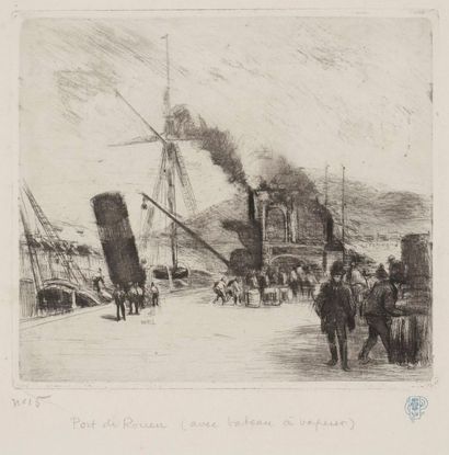 Camille PISSARRO (1830-1903) 
Port de Rouen avec cheminées. 1885. Eau-forte et pointe...