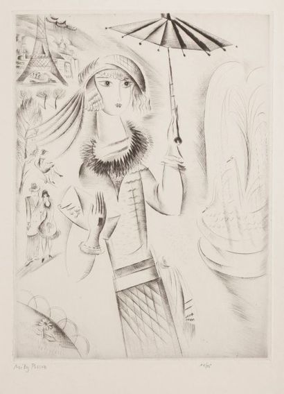 Mily Possoz (portugaise, 1888-1967) 
Jeune fille à l'ombrelle. 1930. Pointe sèche....