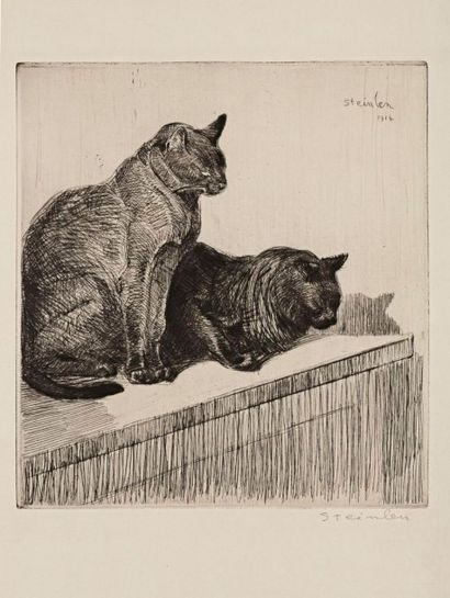 Théophile-Alexandre STEINLEN (1859-1923) 
Deux chats sur un meuble. 1914. Eau-forte....