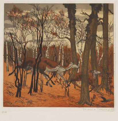 Maurice TAQUOY (1878-1952) 
Biches et hère. 1909. Eau-forte et aquatinte. 300 x 290....