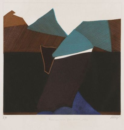 Bertrand DORNY (né en 1931) 
Falaise noire, flots bleus. 1976. Aquatinte et eau-forte...