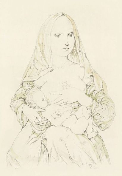 Léonard-Tsuguharu Foujita (1886-1868) 
Vierge donnant le sein à l'Enfant. 1964. Lithographie....