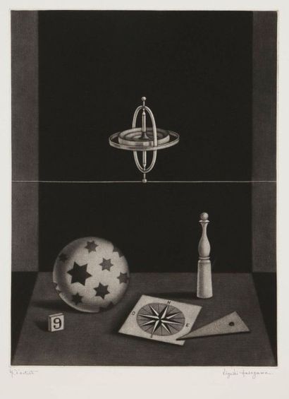 Kiyoshi Hasegawa (1891-1980) 
Nature morte au gyroscope. 1966. Manière noire. 265...