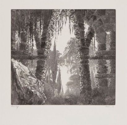 François HOUTIN (né en 1950) 
Paysage lacustre. 1993. Monotype. 225 x 205. Parfaite...