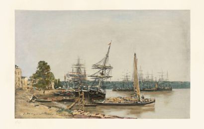 D'après Eugène BOUDIN Port de Bordeaux. Collotype et pochoir. 565 x 345. Impression...