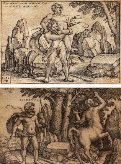 Hans Sebald Beham (1500-1550) 
Hercule et le centaure Nessus; Hercule et Antée. Pl....
