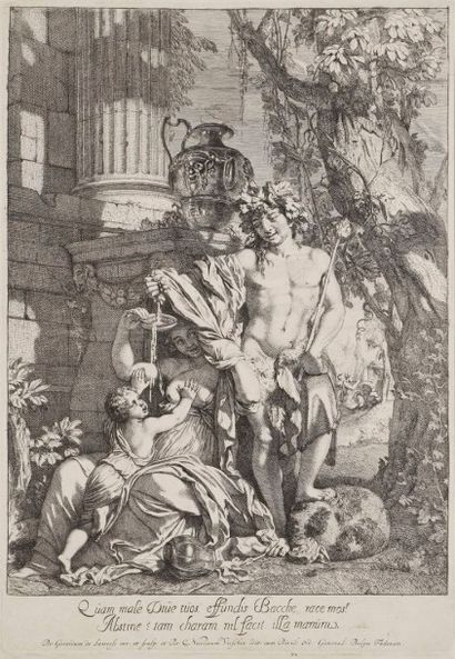 Gérard de LAIRESSE (1641-1711) 
Bacchus pressant les raisins. Eau-forte. 290 x 420....