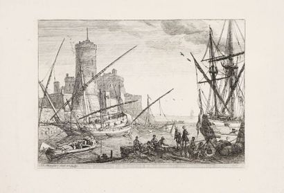 Adrien Manglard (1695-1760) 
Le Port de mer à la tour ronde. 1753. Eau-forte. 310...