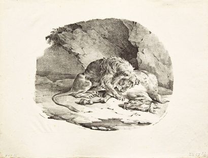 Théodore Géricault 
Cheval dévoré par un lion. 1823. Lithographie. 195 x 242. Delteil...