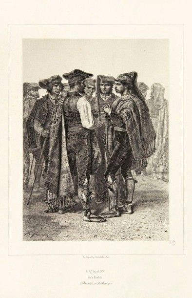 Auguste RAFFET 
Catalans sur la Rambla (Barcelone, 18 juillet 1847). 1854. Lithographie....