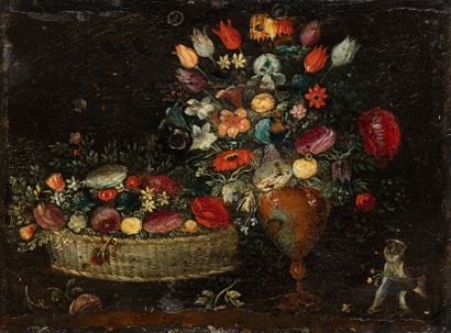 École FLAMANDE du XVIIe siècle, 
Corbeille de fleurs et vase de fleurs avec un singe
Cuivre...
