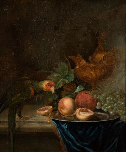 École FRANÇAISE du XIXe s 
Nature morte au perroquet
Huile sur toile.
63 x 52,5 ...
