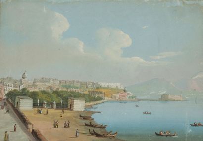 École Napolitaine du XIXe siècle 
Vue de la baie de Naples
Gouache
14.5 x 19.7 c...