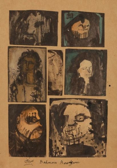 Bahman BOROJENI [iranien] (né en 1942) 
Visages, vers 1965
7 dessins à l'encre et...